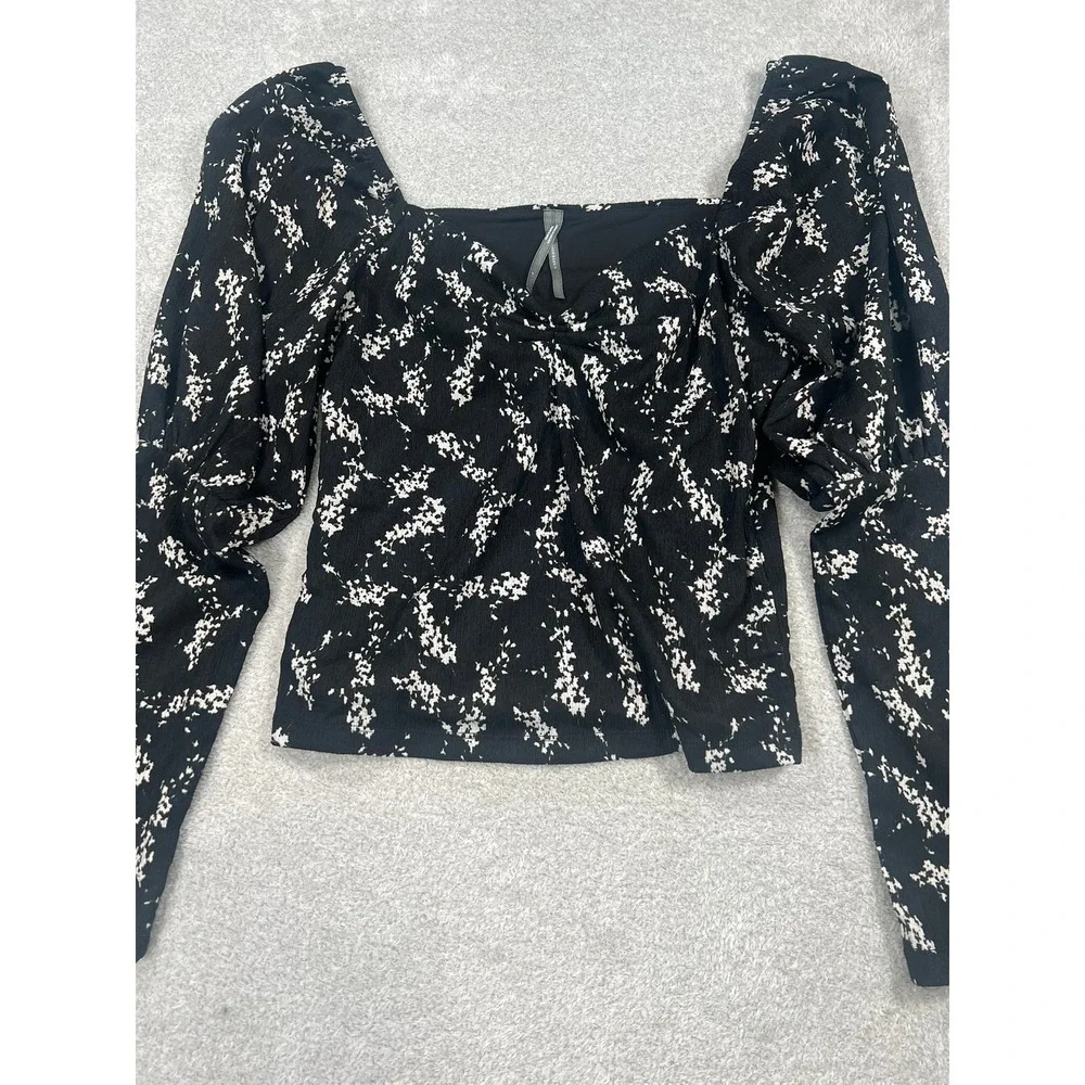 Anthropologie Blouse L Black Floral Puff Sleeve Sweetheart Crop Romantic Boho